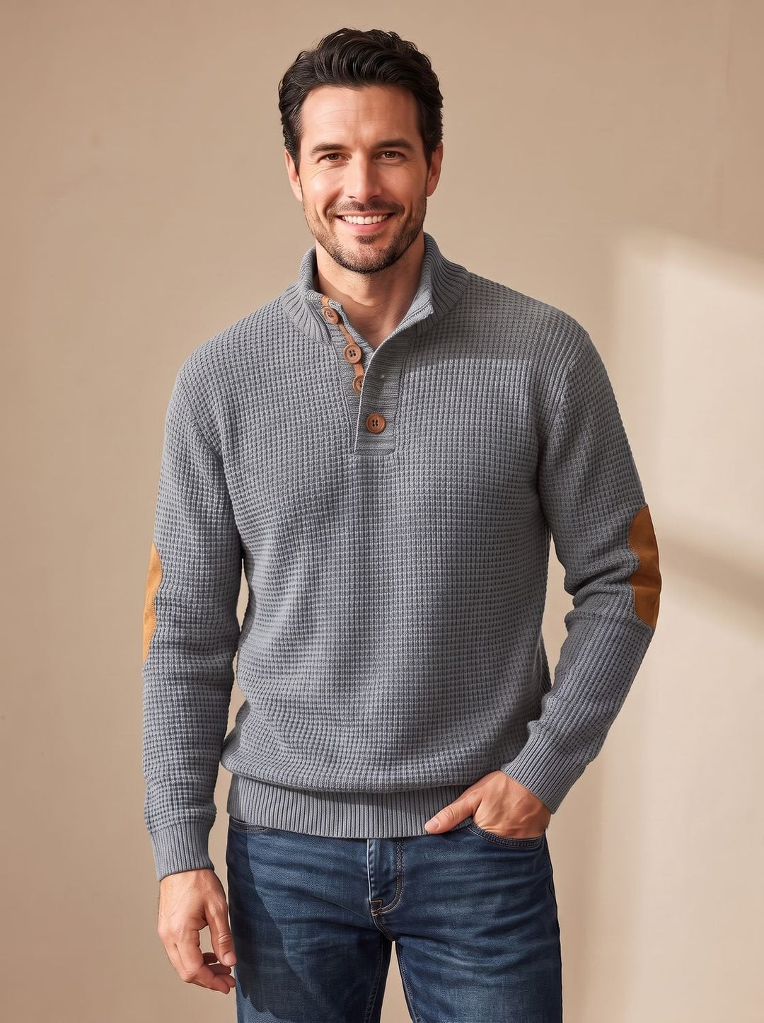 Men's Waffle-Knit Button-Collar Pullover Sweater