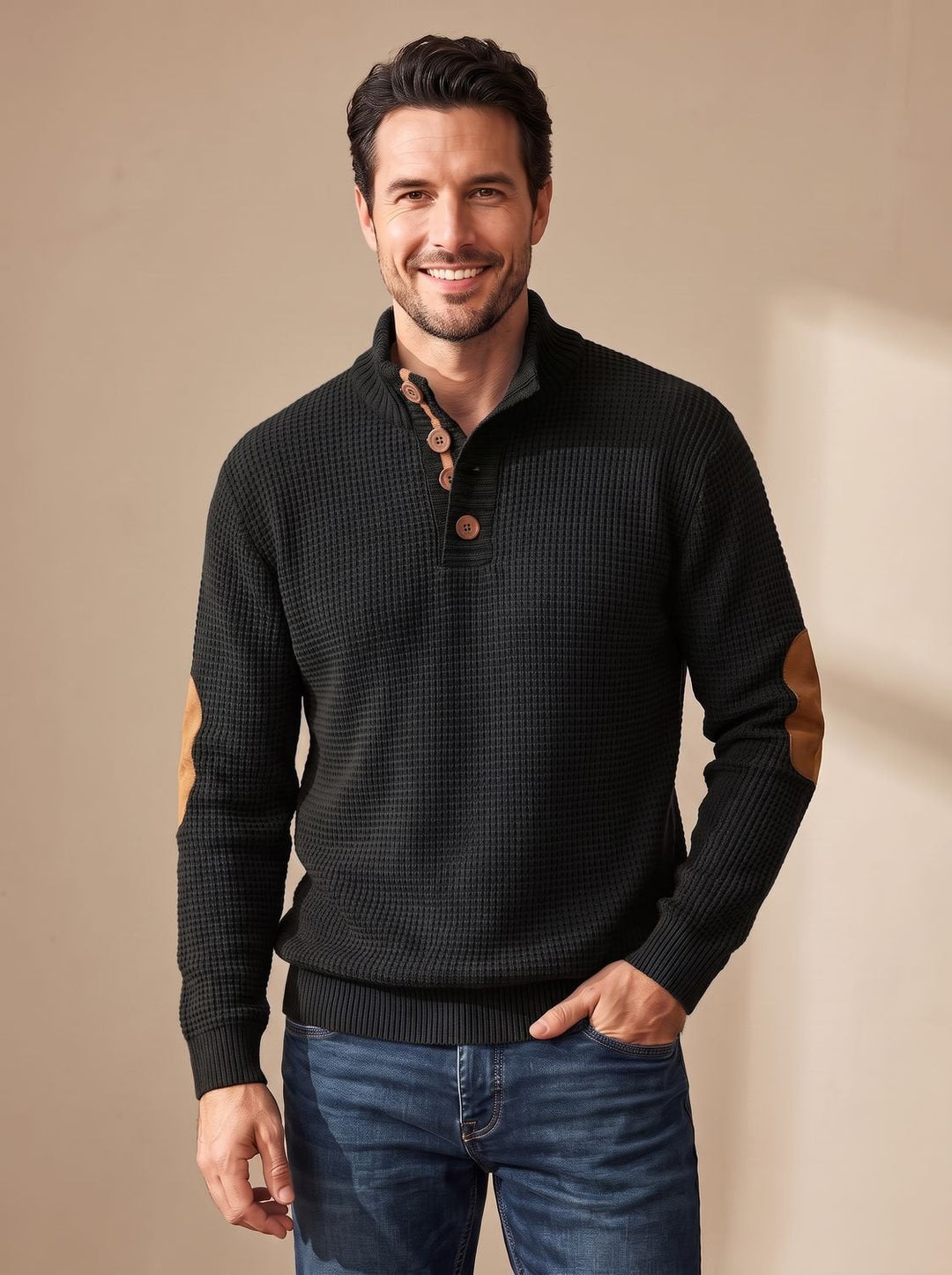 Men's Waffle-Knit Button-Collar Pullover Sweater