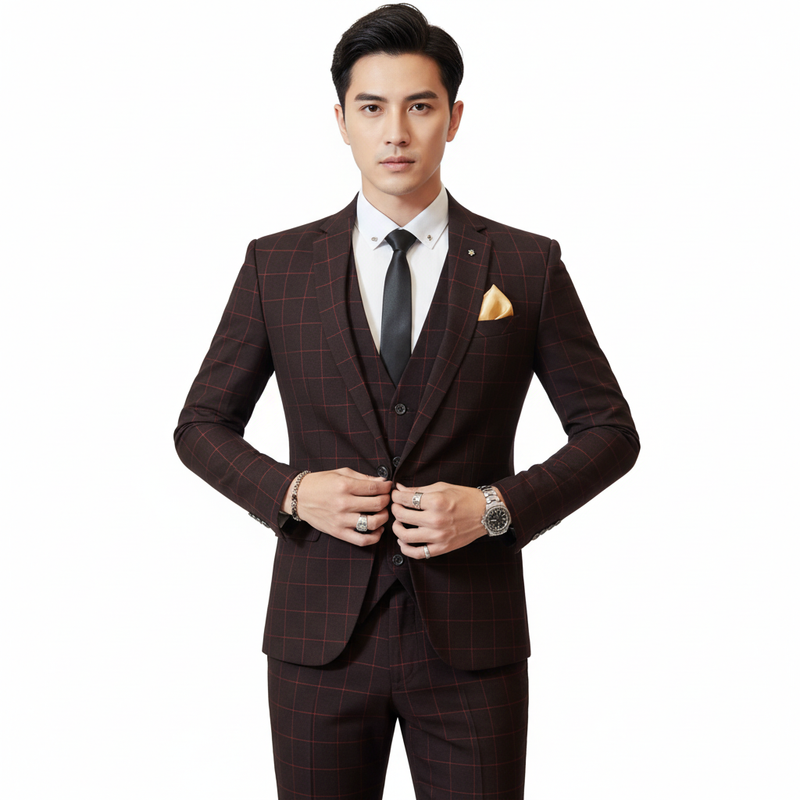 Men's Windowpane Notch Lapel Three-Piece Suit