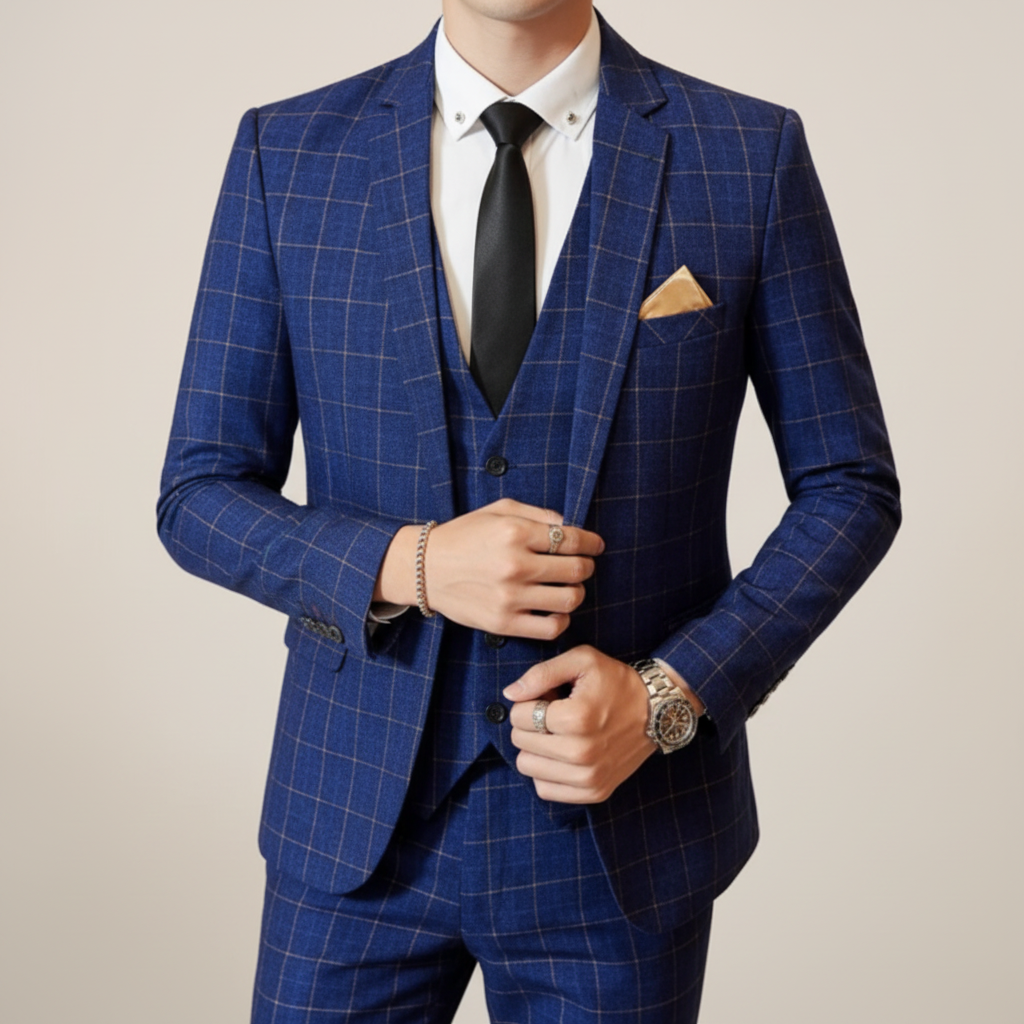 Men's Windowpane Notch Lapel Three-Piece Suit