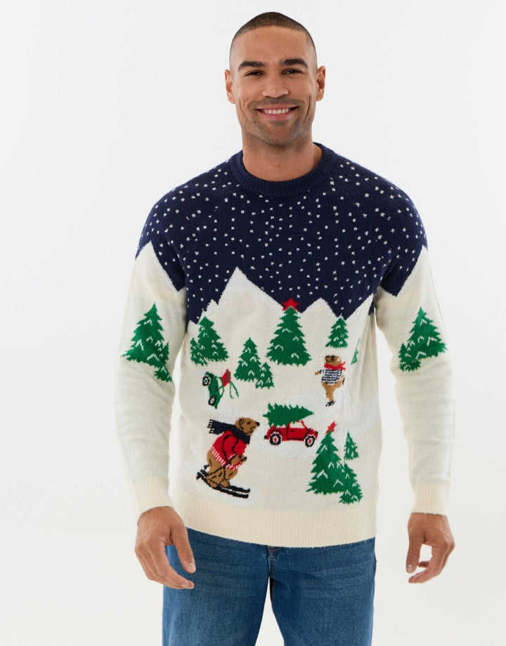 Men's Christmas Jumper Skiing Bear Winter Scene in Beige