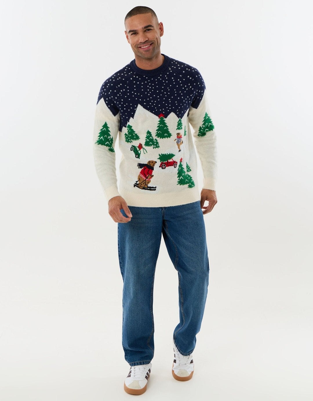 Men's Christmas Jumper Skiing Bear Winter Scene in Beige