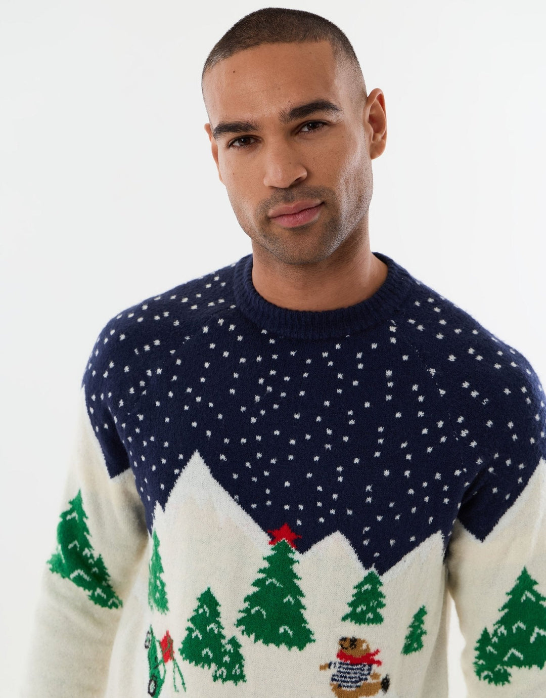 Men's Christmas Jumper Skiing Bear Winter Scene in Beige