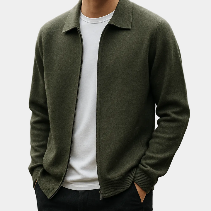 Men's Zip-Front Knitted Cardigan with Shirt Collar