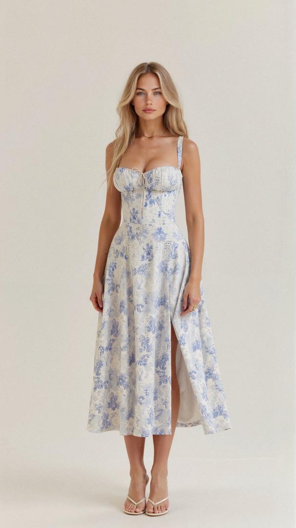 Blomstret Corset Midikjole med Slids