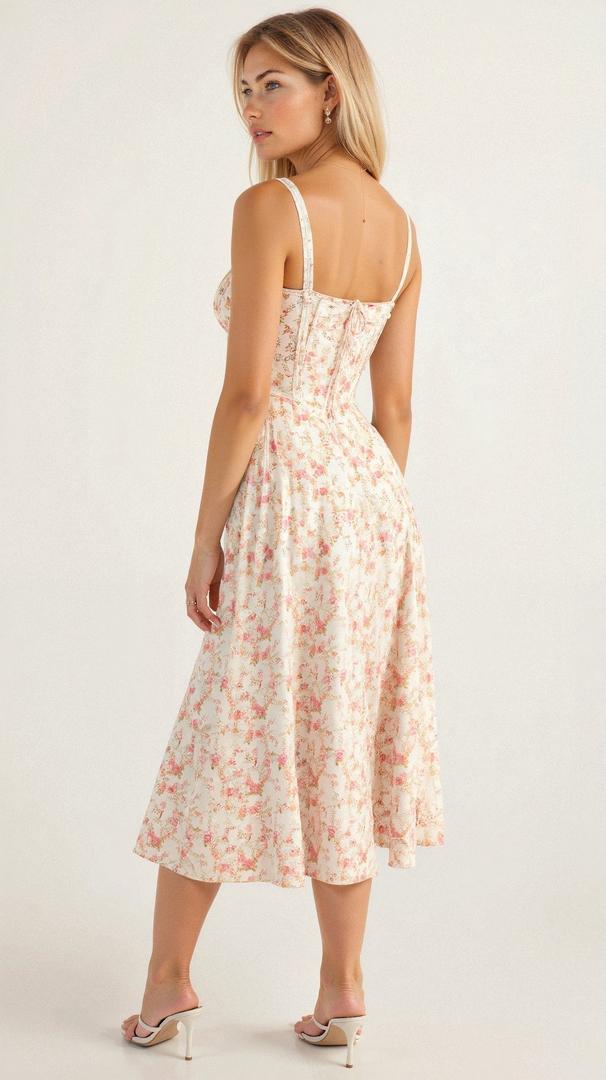 Blomstret Corset Midikjole med Slids