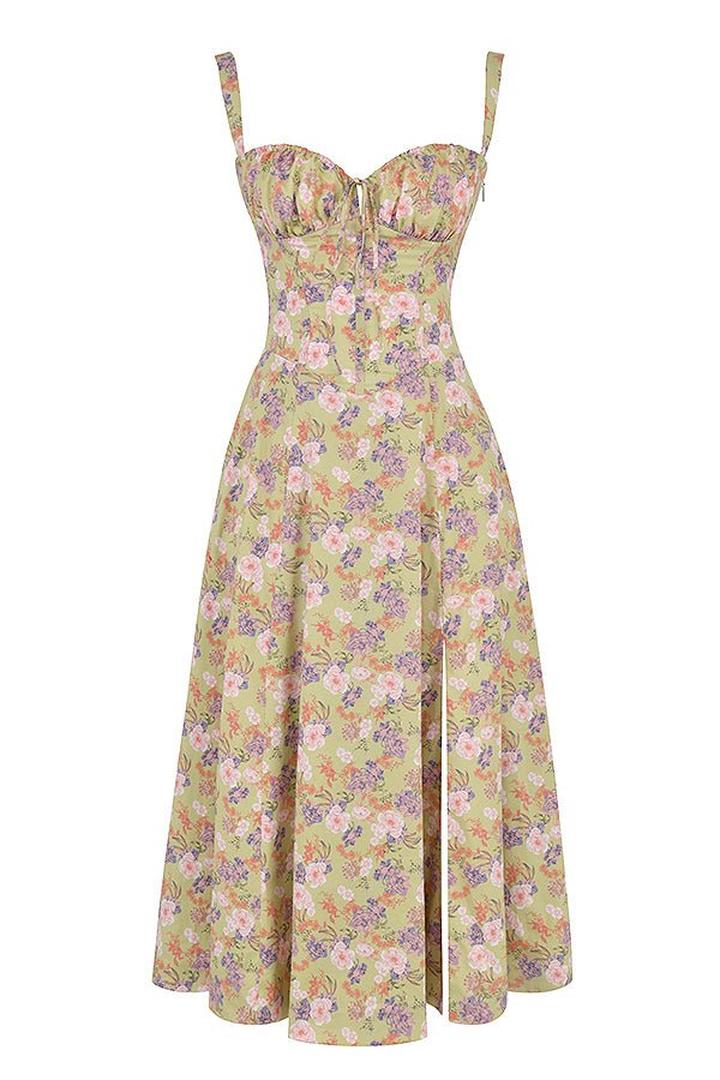 Blomstret Corset Midikjole med Slids