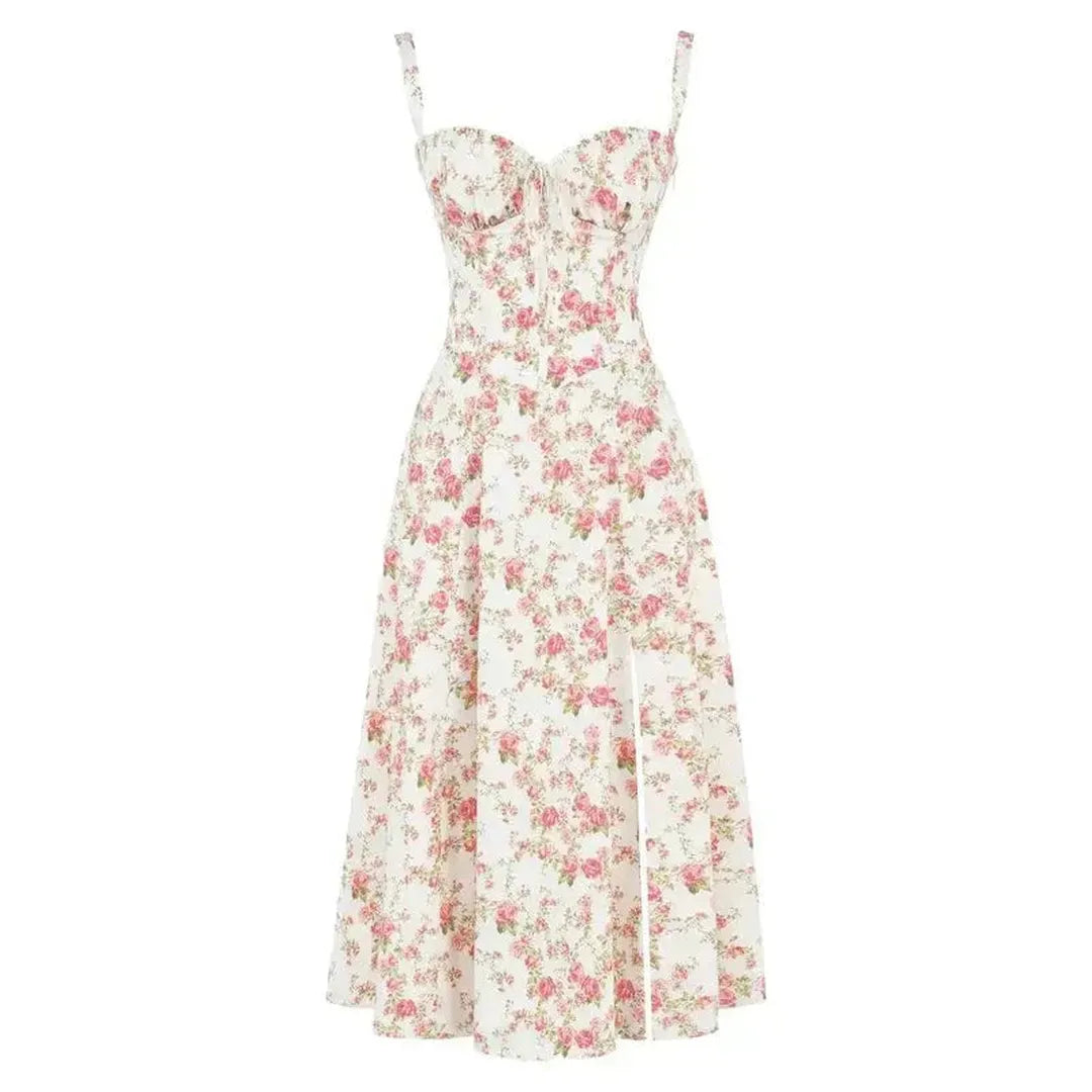 Blomstret Corset Midikjole med Slids