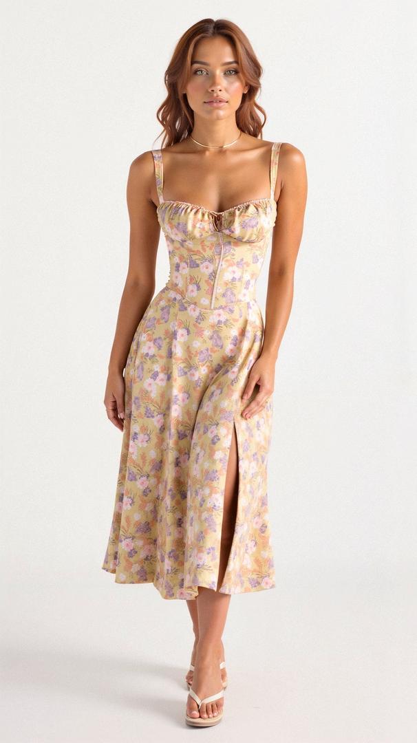 Blomstret Corset Midikjole med Slids