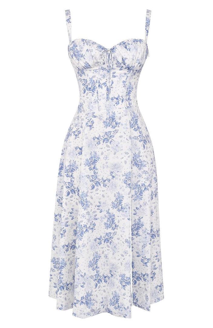 Blomstret Corset Midikjole med Slids