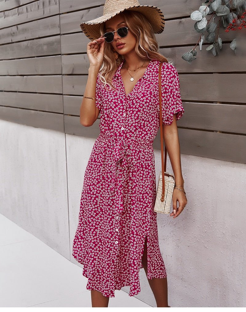 Sommerkjole med Bindebånd Knapper og Blomster I Casual Midi Stil