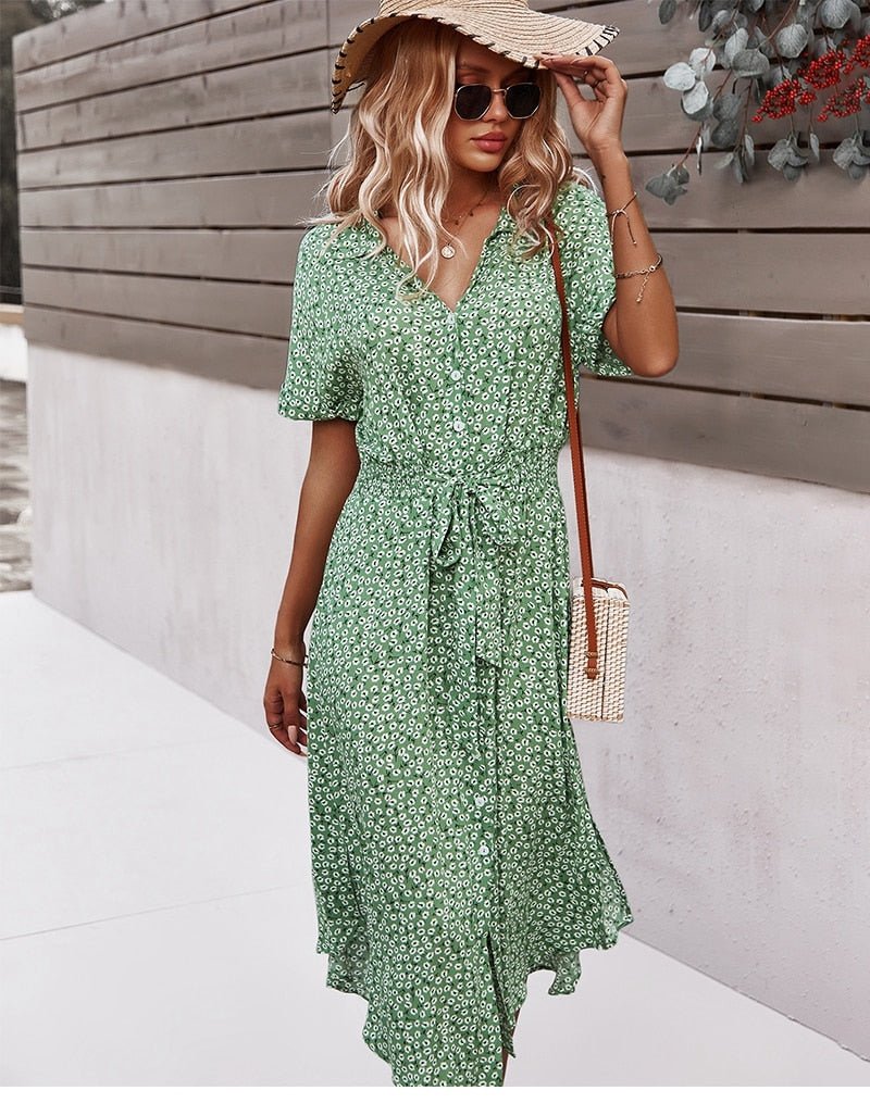 Sommerkjole med Bindebånd Knapper og Blomster I Casual Midi Stil