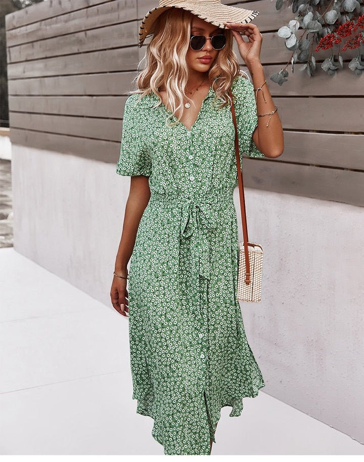 Sommerkjole med Bindebånd Knapper og Blomster I Casual Midi Stil