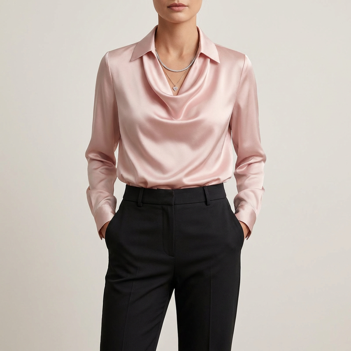 Satin damebluse med draperet halsudskæring