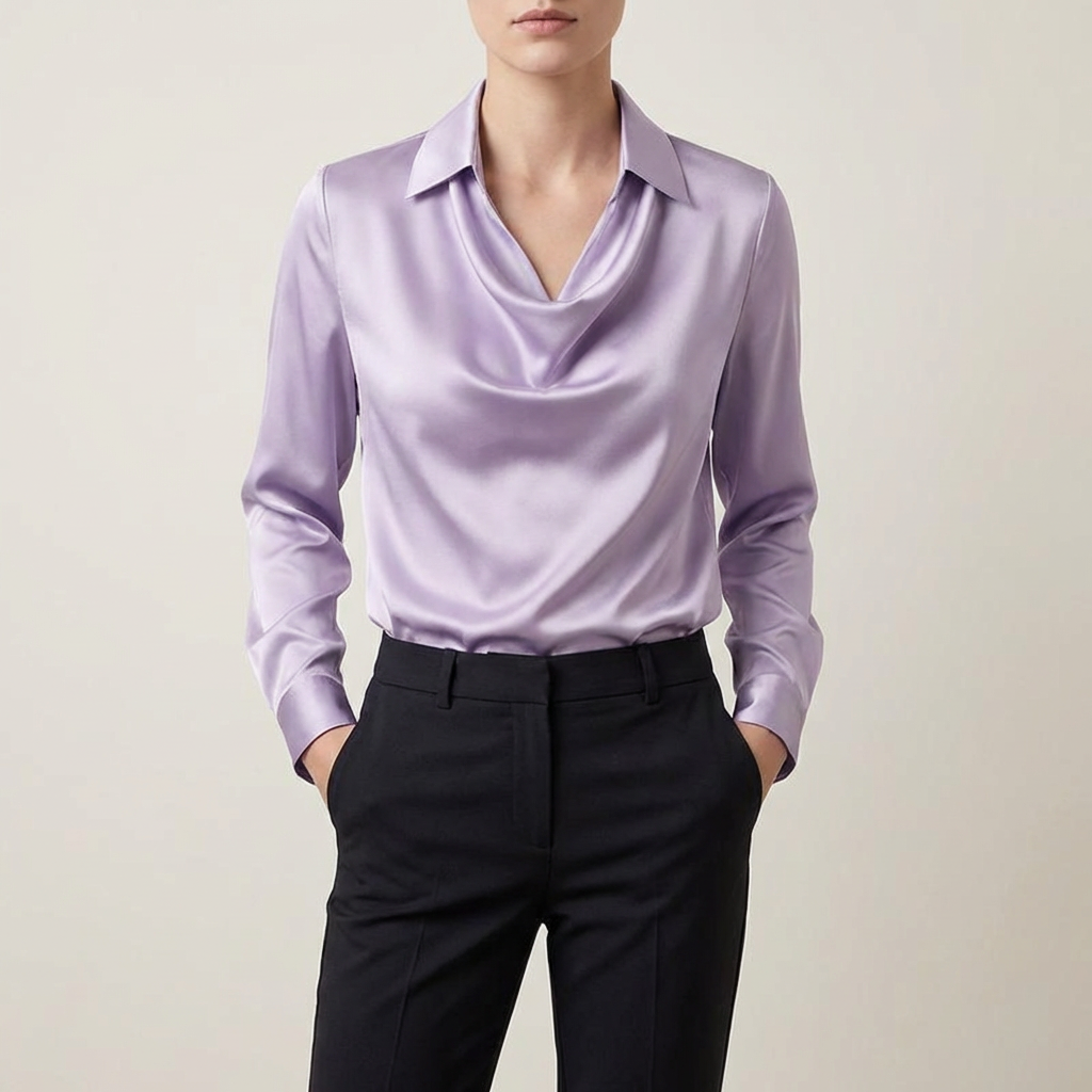 Satin damebluse med draperet halsudskæring