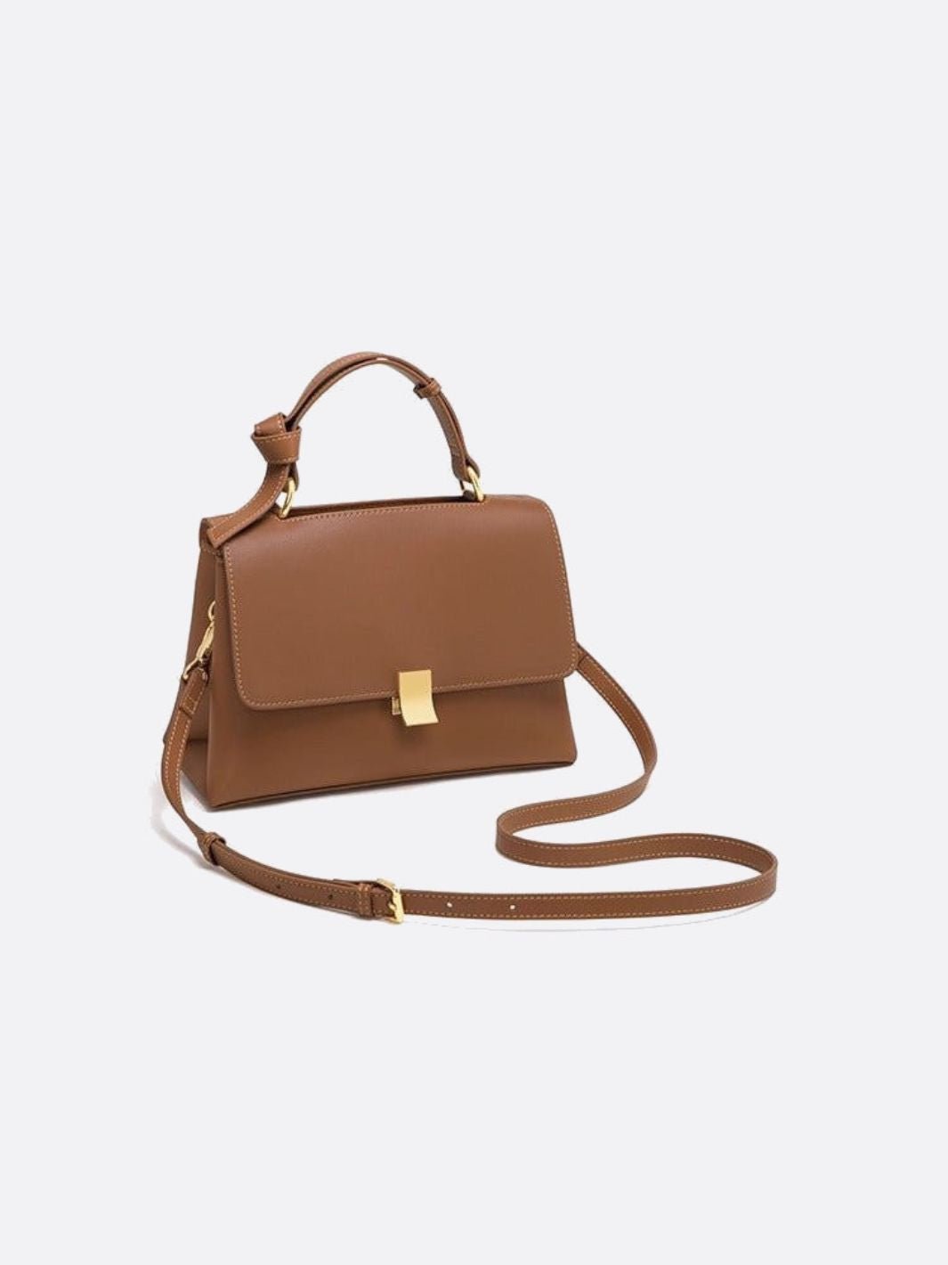 Taupe Håndtaske med Klap Rem og Guldlås