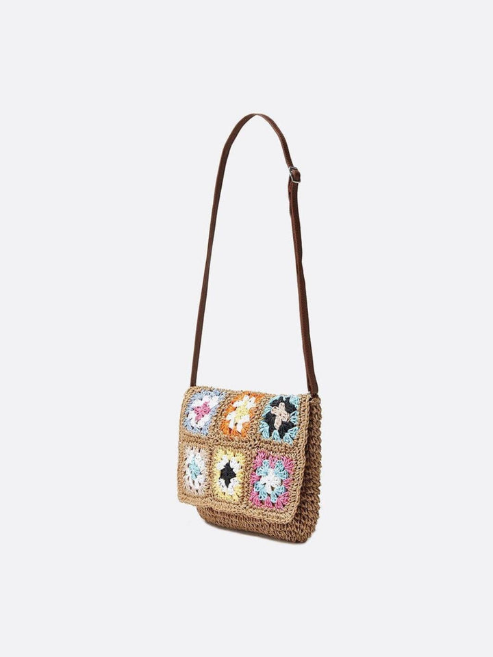 Skuldertaske I Strå og Hæklet Design I Boheme Stil