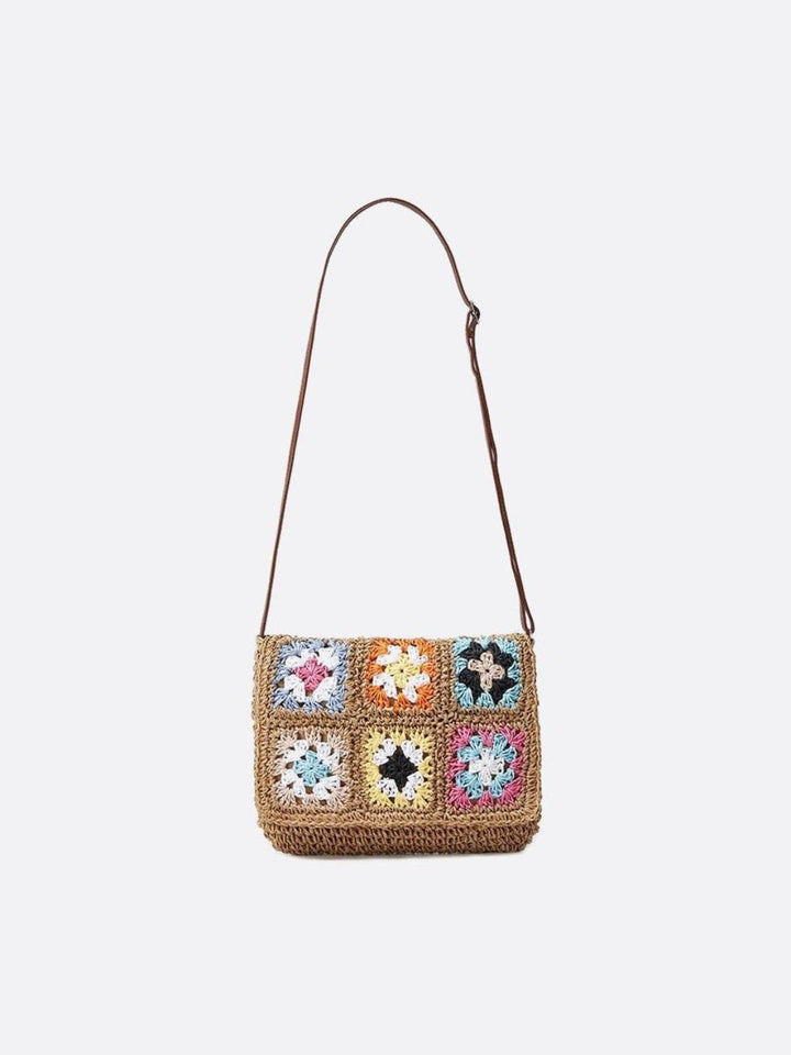 Skuldertaske I Strå og Hæklet Design I Boheme Stil