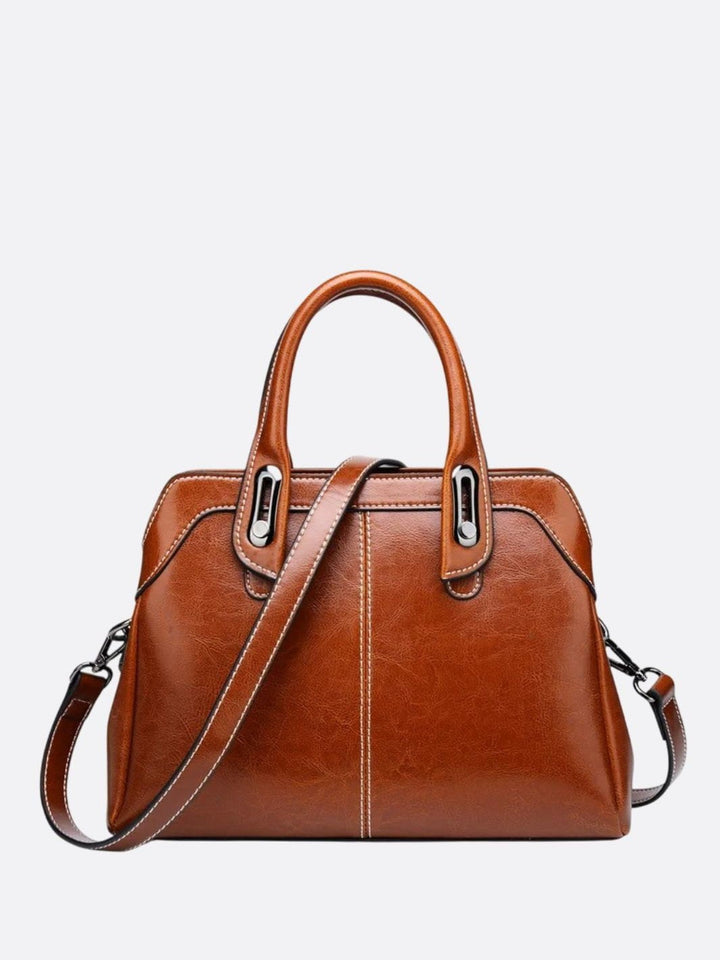 Klassisk Cognac Håndtaske I Vintage Stil med Rem og Kontrastsyning