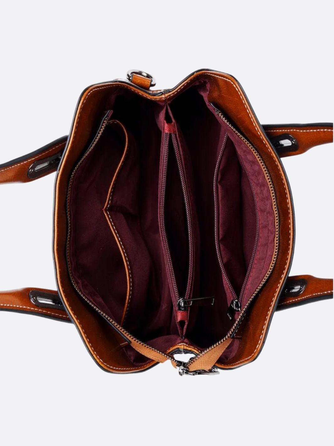 Klassisk Cognac Håndtaske I Vintage Stil med Rem og Kontrastsyning