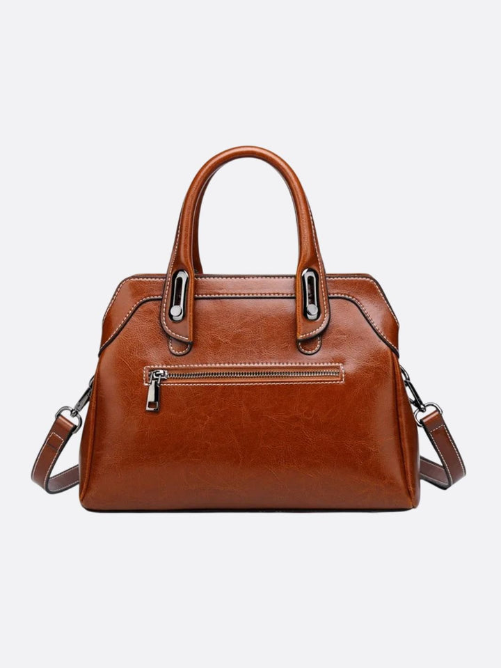 Klassisk Cognac Håndtaske I Vintage Stil med Rem og Kontrastsyning