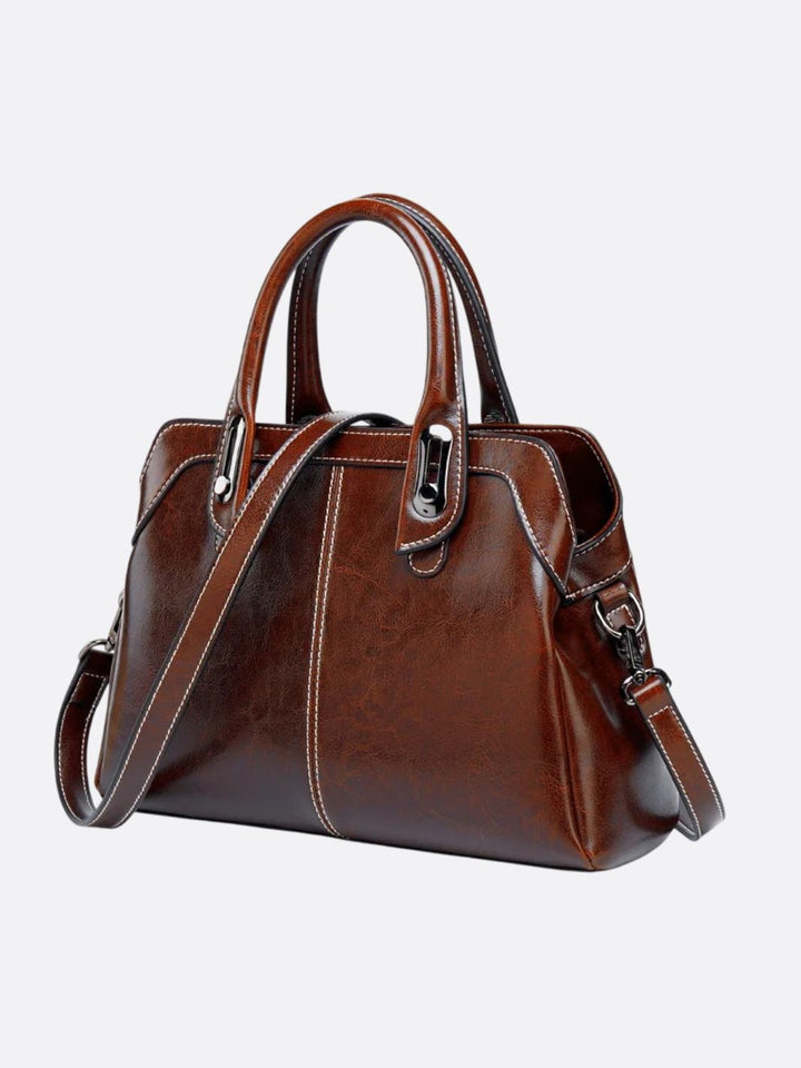 Klassisk Cognac Håndtaske I Vintage Stil med Rem og Kontrastsyning