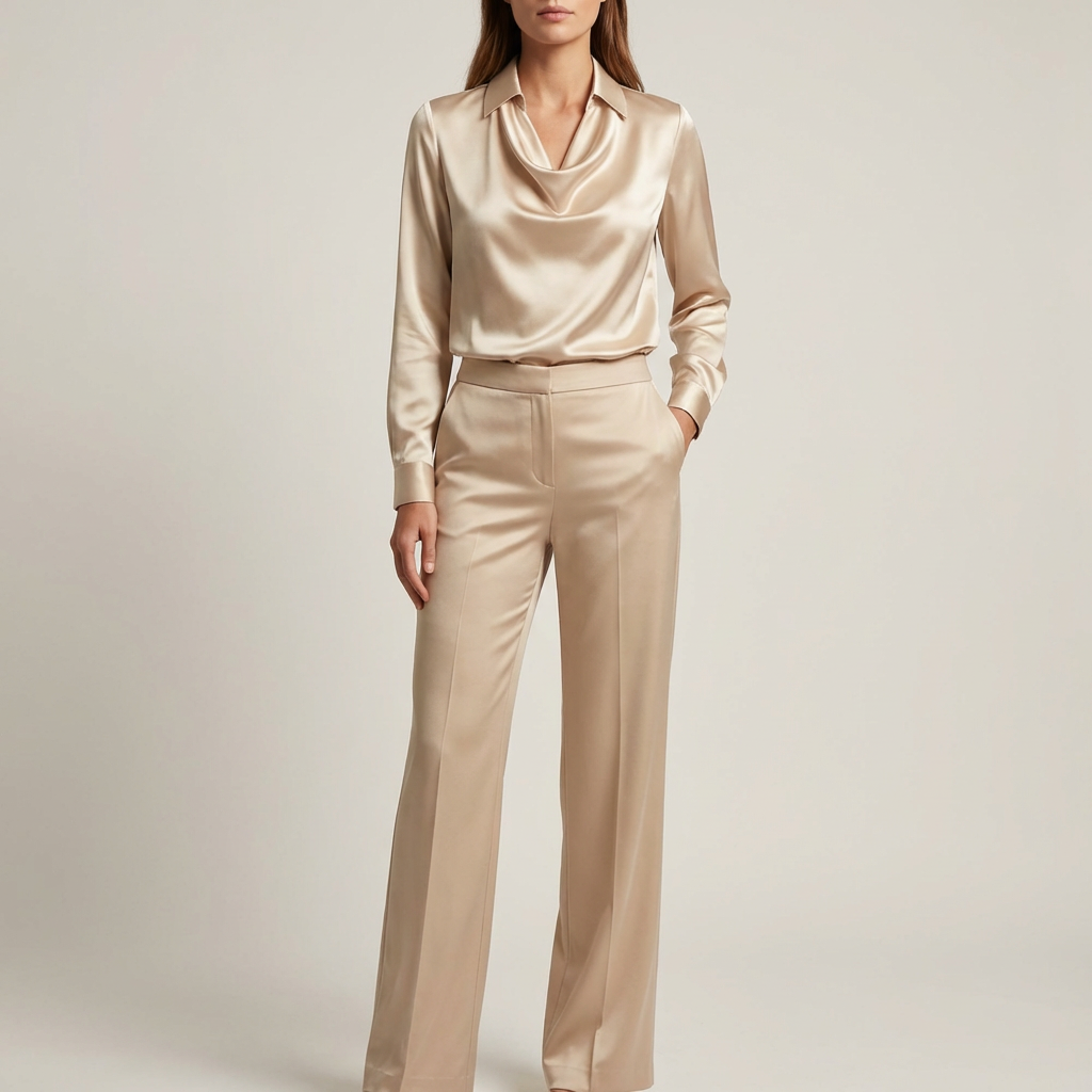 Satin damebluse med draperet halsudskæring