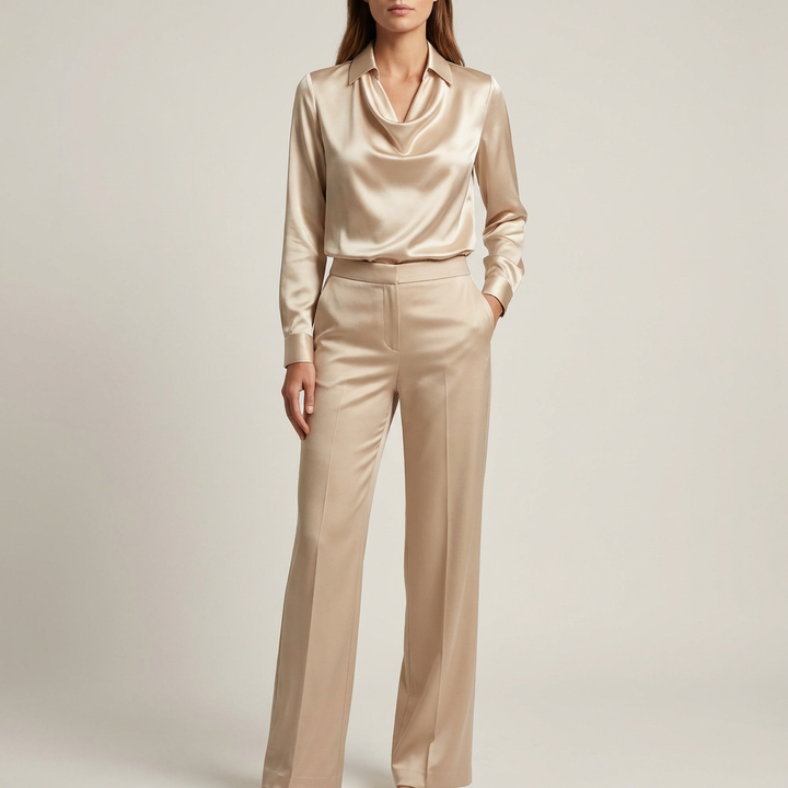 Satin damebluse med draperet halsudskæring