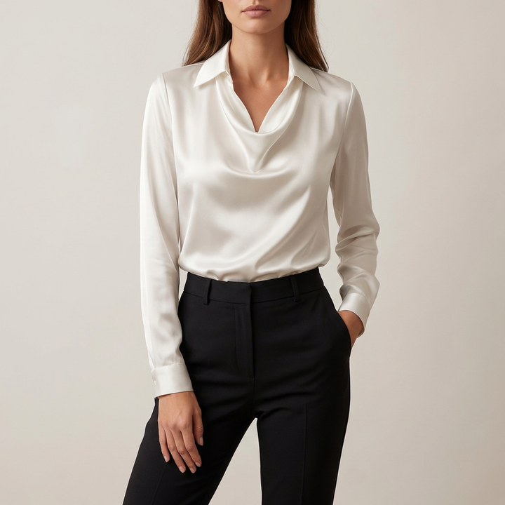 Satin damebluse med draperet halsudskæring