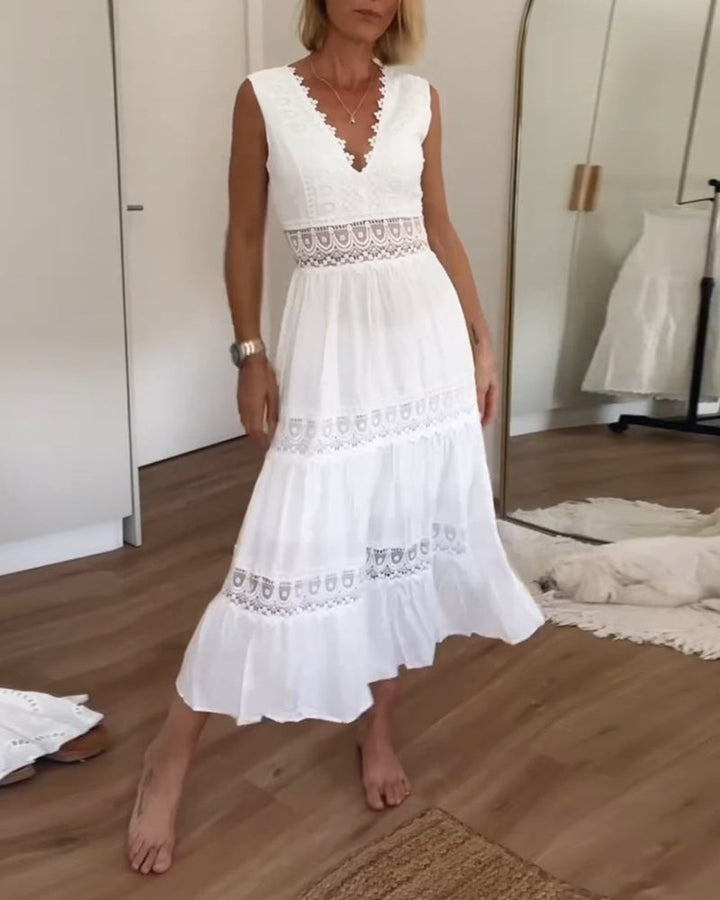 Women's Boho V-Neck Sleeveless A-Line Midi Dress