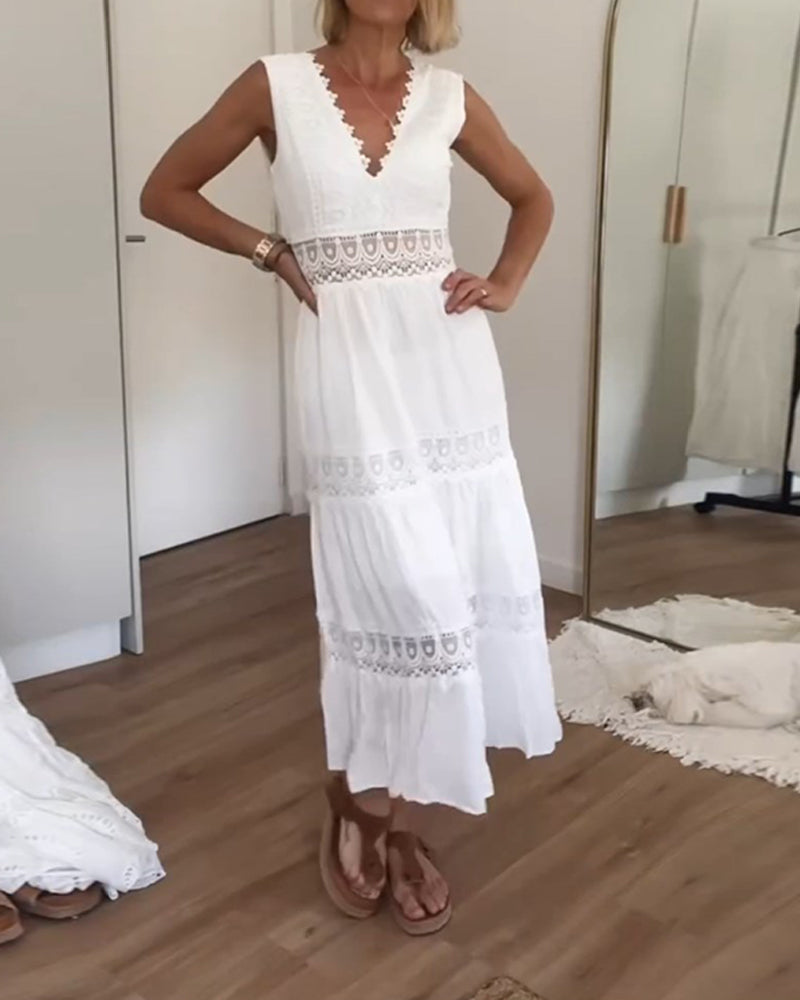 Women's Boho V-Neck Sleeveless A-Line Midi Dress