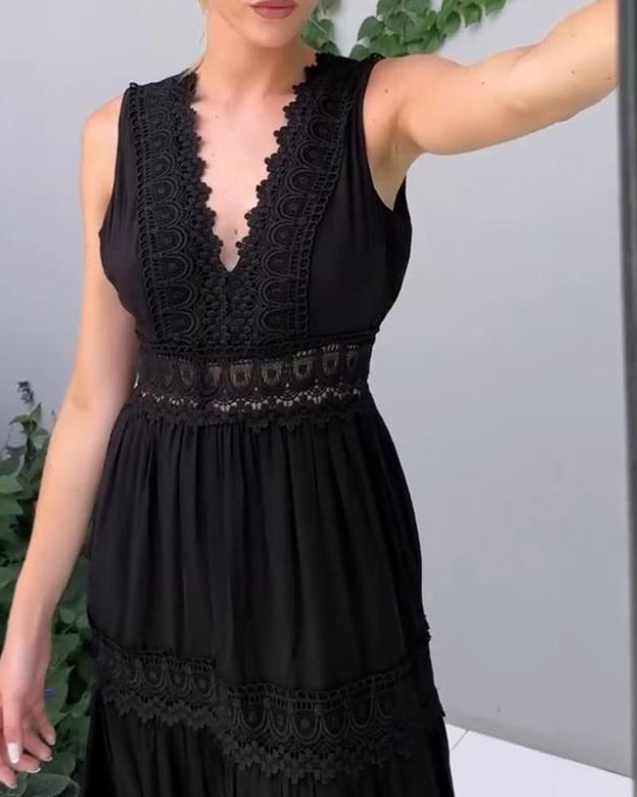 Women's Boho V-Neck Sleeveless A-Line Midi Dress