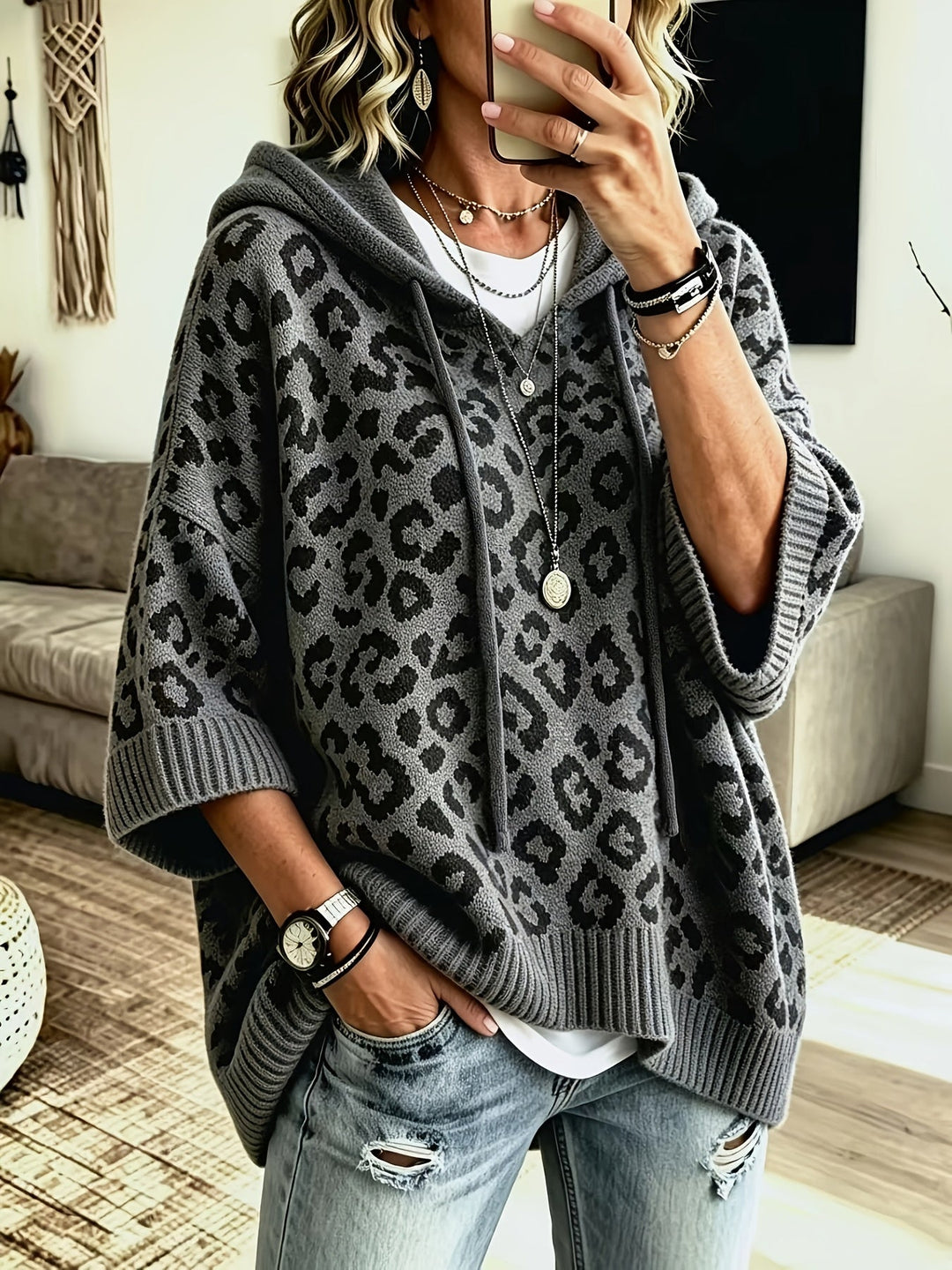 Women's Animal Print Oversized Hoodie with Drawstring Hood