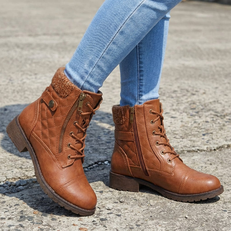 Women's Quilted Lace-Up Ankle Boots with Side Zip