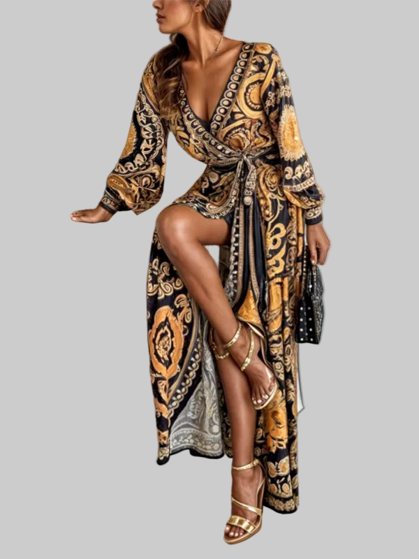 Women's Bohemian Maxi Dress with Golden Print and High Slit