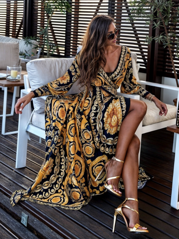 Women's Bohemian Maxi Dress with Golden Print and High Slit