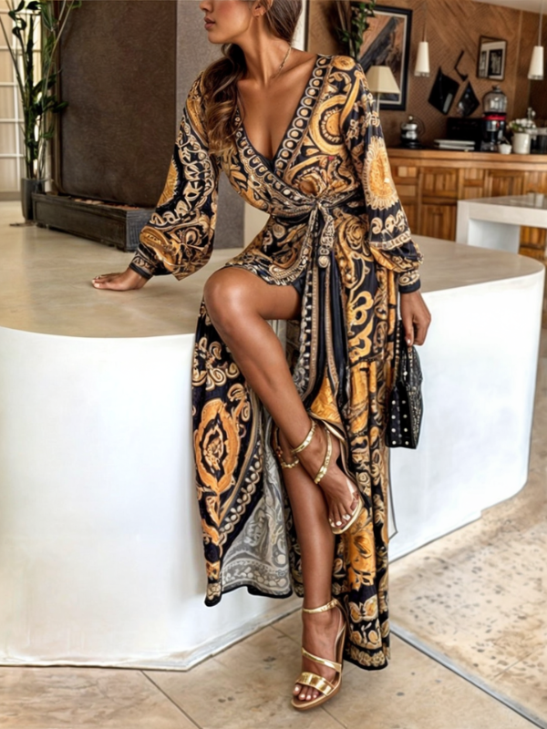 Women's Bohemian Maxi Dress with Golden Print and High Slit