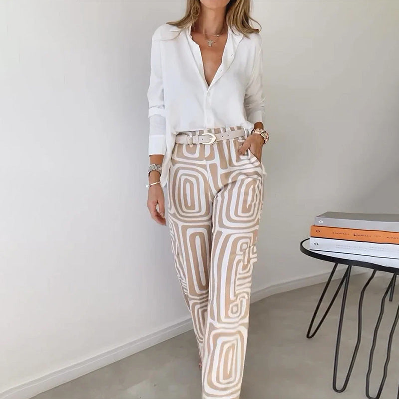 Women's Button-Front Blouse & Wide-Leg Trouser Set