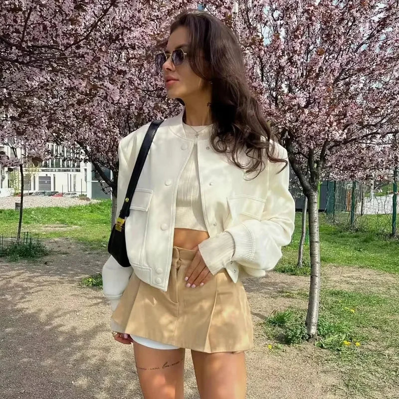 Women's Button-Front Cropped Bomber Jacket