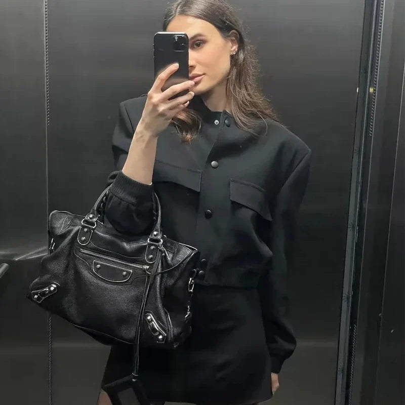 Women's Button-Front Cropped Bomber Jacket