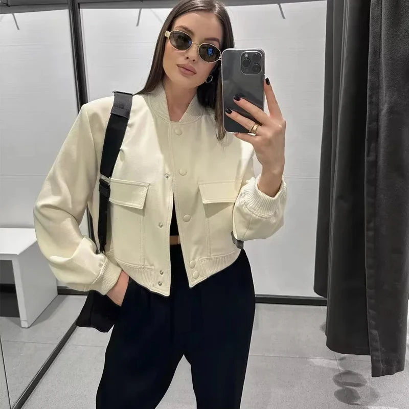 Women's Button-Front Cropped Bomber Jacket