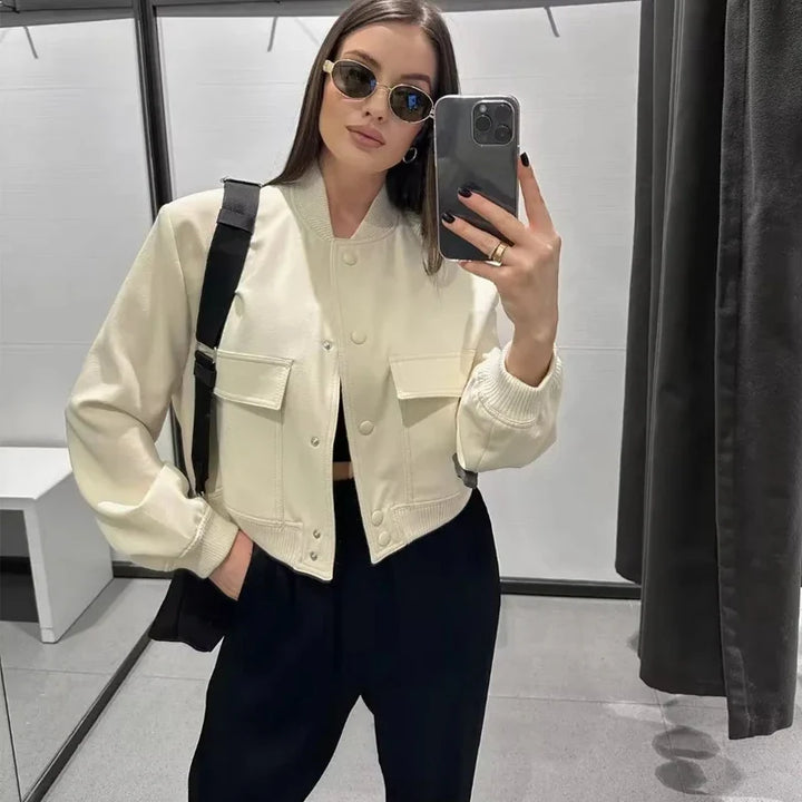 Women's Button-Front Cropped Bomber Jacket
