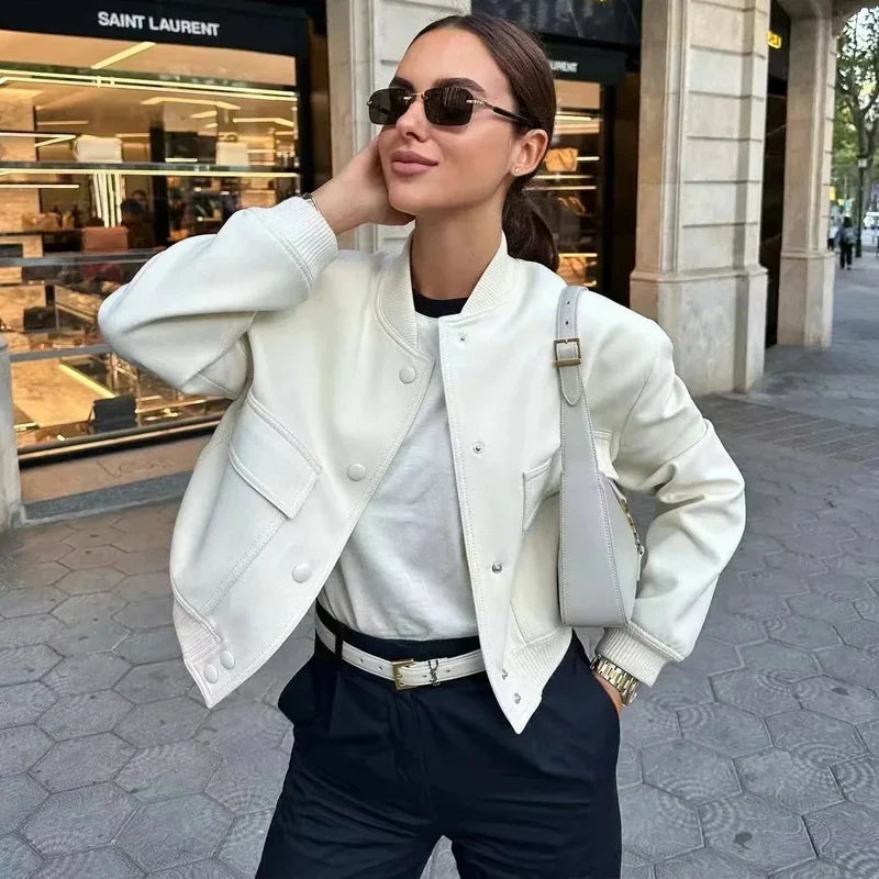Women's Button-Front Cropped Bomber Jacket