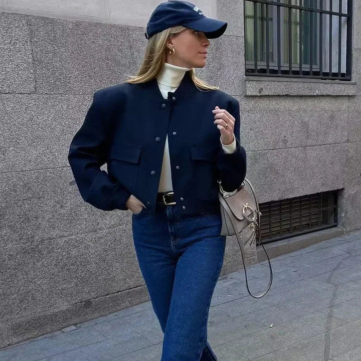 Women's Button-Front Cropped Bomber Jacket