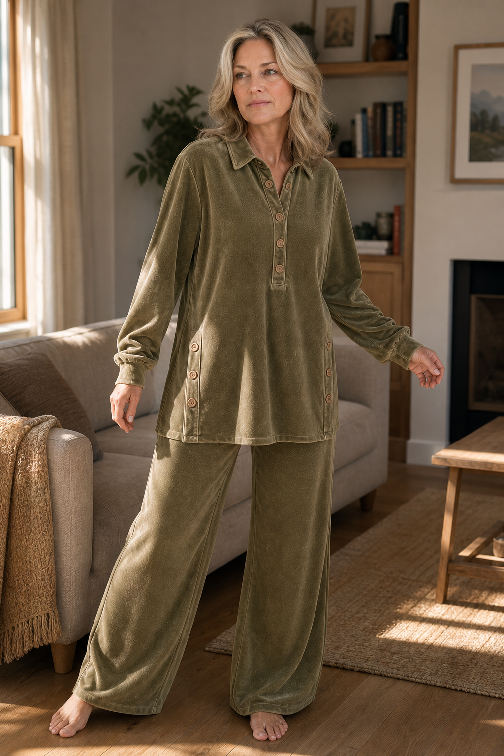 Women's Button-Front Shirt and Trouser Set with Turn-Down Collar