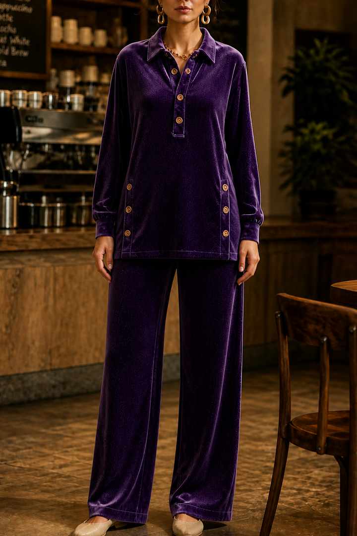Women's Button-Front Shirt and Trouser Set with Turn-Down Collar