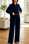 Women's Button-Front Shirt and Trouser Set with Turn-Down Collar