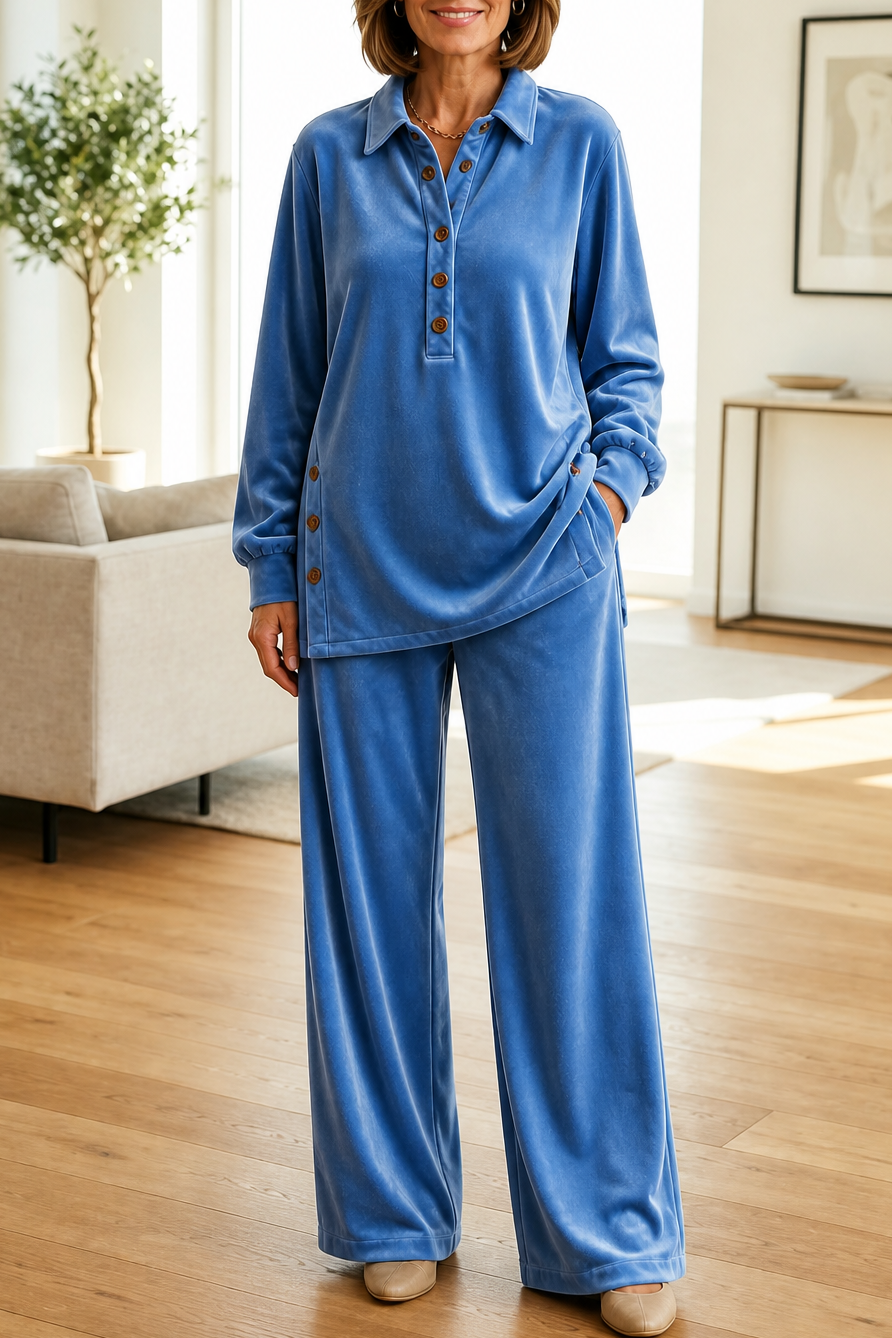 Women's Button-Front Shirt and Trouser Set with Turn-Down Collar