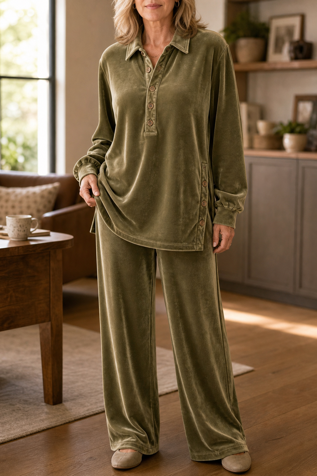 Women's Button-Front Shirt and Trouser Set with Turn-Down Collar