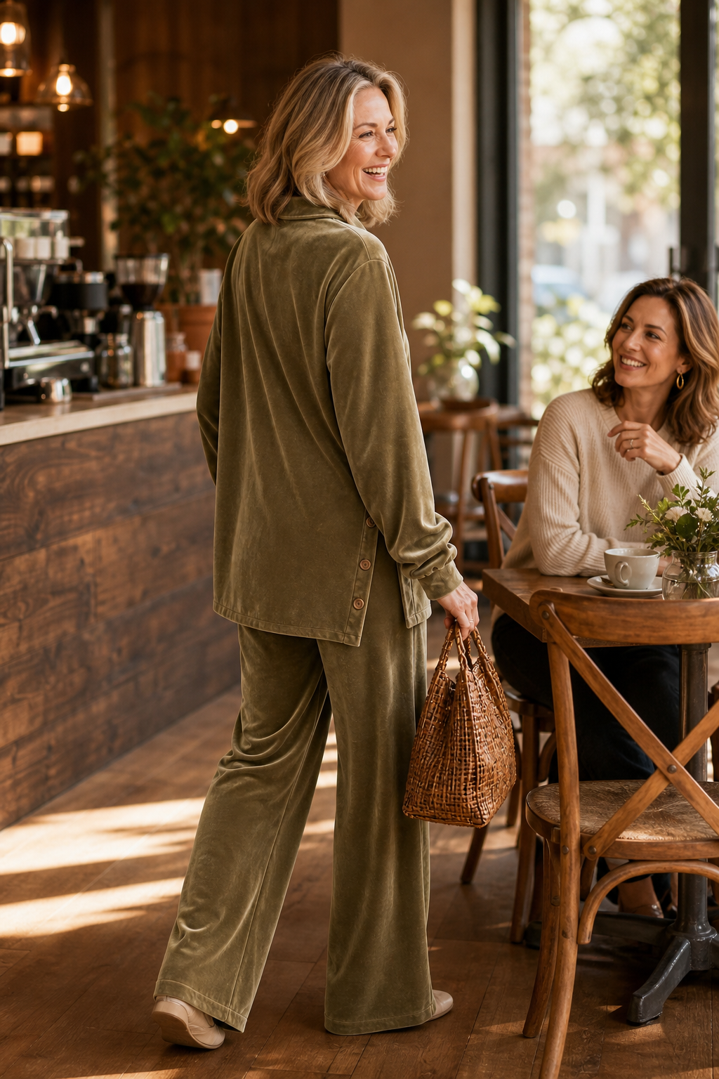 Women's Button-Front Shirt and Trouser Set with Turn-Down Collar
